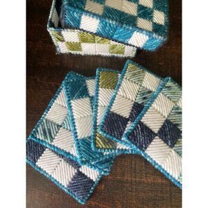 Vintage Hand Stitched Needlepoint Coaster Set w/ Box 6pc Geometric Yarn Art